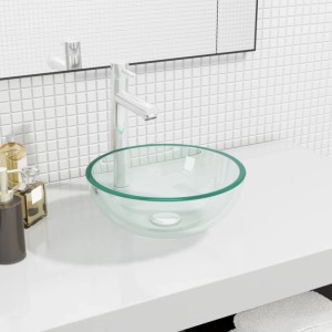 Transparentes Waschbecken aus Hartglas, 30x12 cm, auf einem weißen Waschtisch montiert.