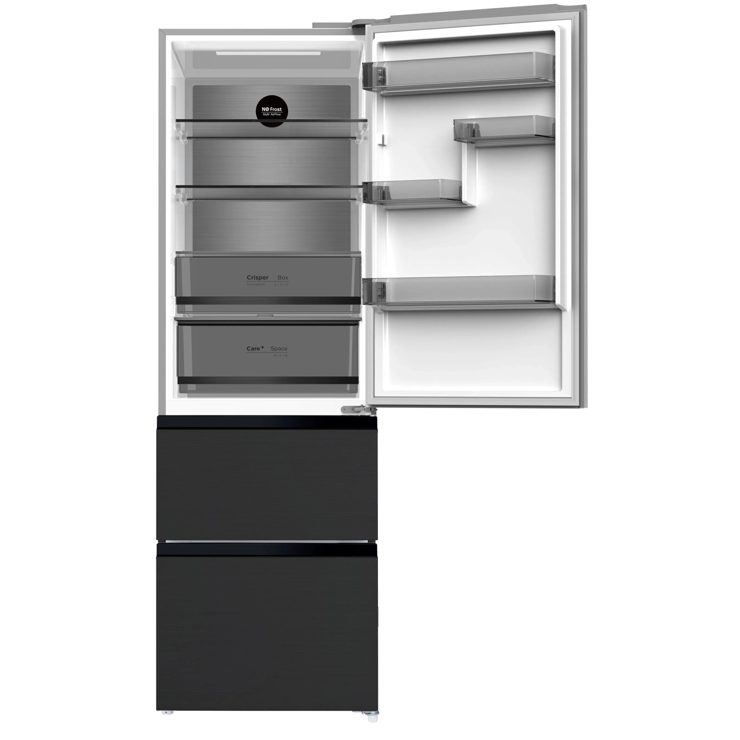 Geöffnete Wolkenstein French-Door Kühl-Gefrierkombination WFD400ENFDDIX in Silber mit LED-Beleuchtung.