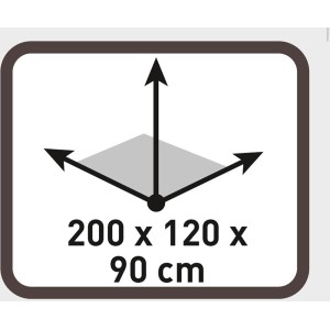 Abbildung der Zelt-Größenangabe: 200 x 120 x 90 cm für das 2 Personen Kuppelzelt.