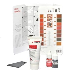 Egger Reparaturset Decor Mix & Fill für Laminat Dunkel: Tube, Farbpigmente, Spachtel, Farbschablone.