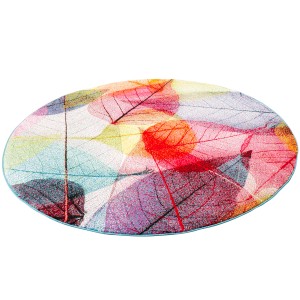 Runder, bunter Designer Teppich Faro Tropical mit Blättern, 200cm Durchmesser.
