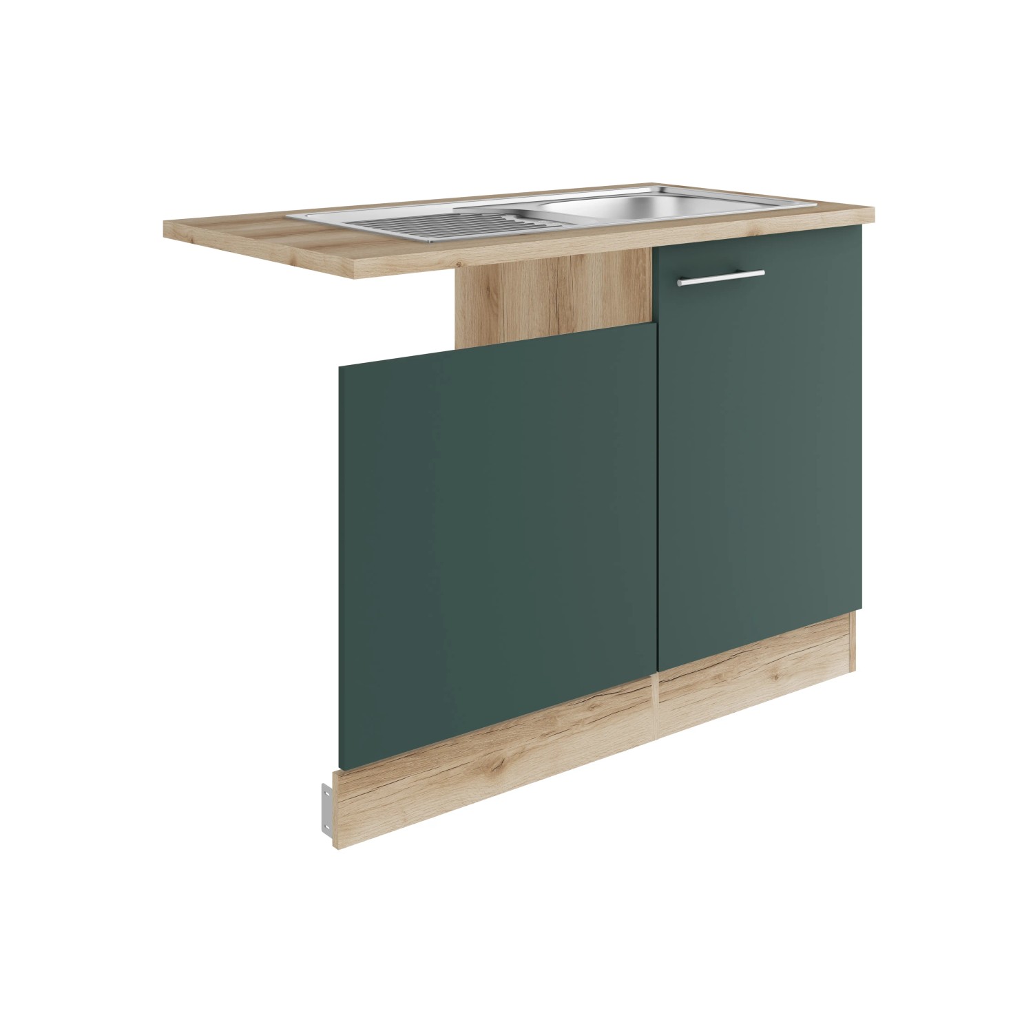 OPTIFIT Savona405 Spülenschrank-Set in Steingrün mit Edelstahlspüle und Arbeitsplatte in Wildeiche Nachbildung.