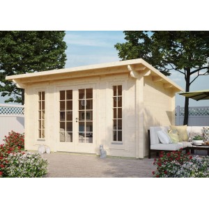 Imprägniertes Fjordholz Gartenhaus Modell Jacob 44 B mit Pultdach, Doppeltür und Fenstern.