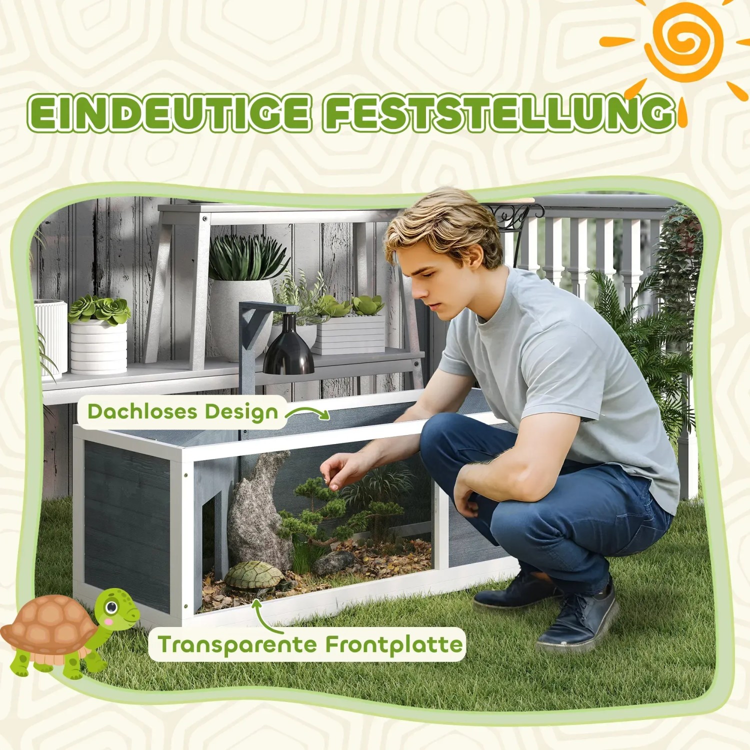 PawHut Schildkrötenhaus aus Tannenholz, grau, mit transparentem Bereich und offener Oberseite.