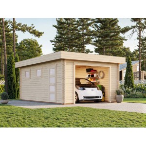 Palmako Garage Rasmus 19 m² aus unbehandeltem Holz mit Fenster und Tür. Inklusive Auto.