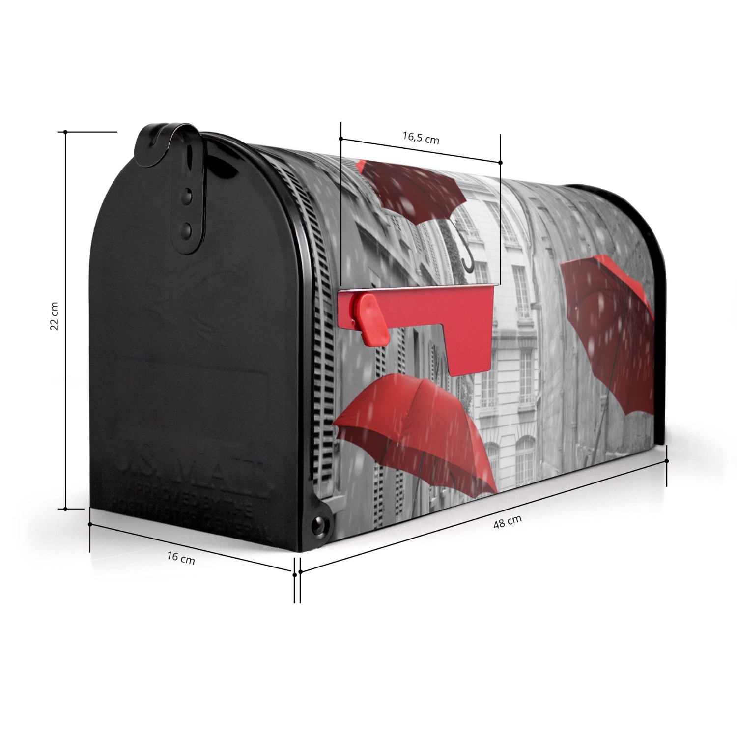 Schwarzer US Briefkasten mit Motiv Rote Schirme, Stahl pulverbeschichtet, 48x22x16cm.
