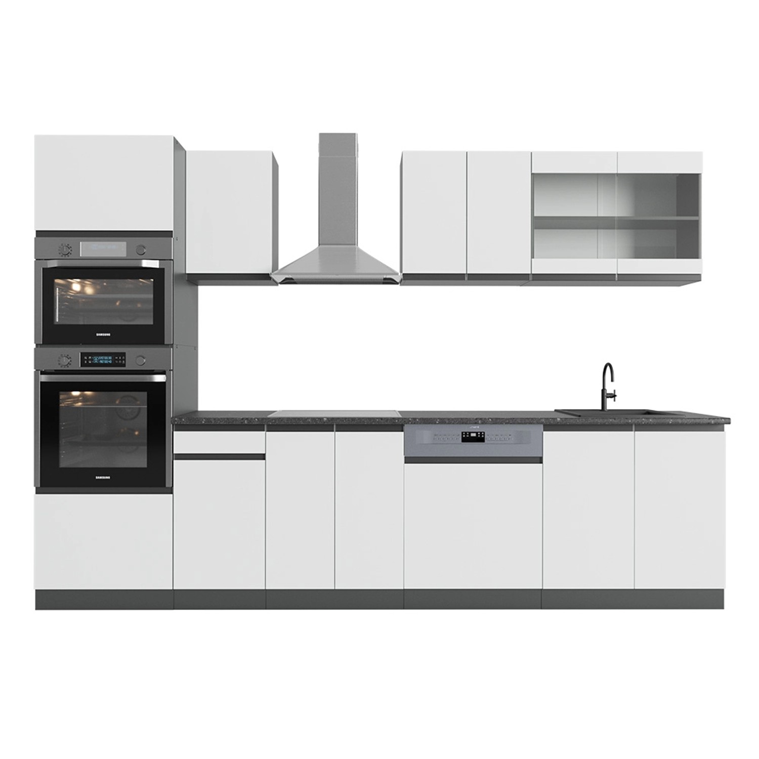 Vicco R-Line Küchenzeile Weiß/Anthrazit 300 cm J-Shapemit Hochschrankohne A günstig online kaufen