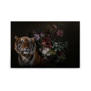 Wandbild: Tiger mit Blumenstillleben auf Leinwand für Wohnzimmer & Esszimmer.