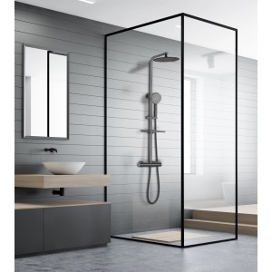 Schwarzes Design Duschsystem Black Lotus mit runder Kopfbrause und Ablage im modernen Badezimmer.