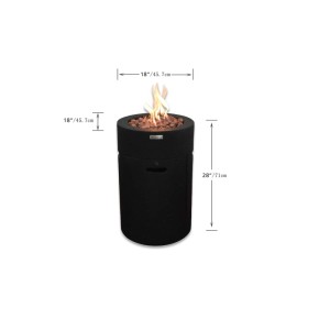 Elementi Gasfeuerstelle Merapi in Lavastein-Optik Schwarz aus Faserbeton. Zylinderförmige Feuerstelle mit Lavasteinen und Flamme.