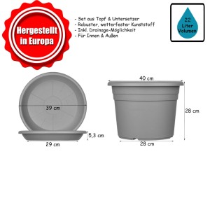 BigDean 5X Blumentopf Ø 40 cm Farbe Anthrazit & Untersetzer Kunststoff Pflanztopf Containertopf Übertopf Pflanzkübel rund 40 x 28 cm Blumentöpfe