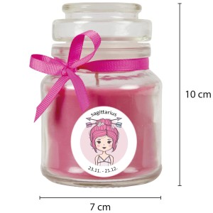 Duftkerze Lavendel im Glas mit Sternzeichen Schütze und rosa Schleife, 30 Stunden Brenndauer.