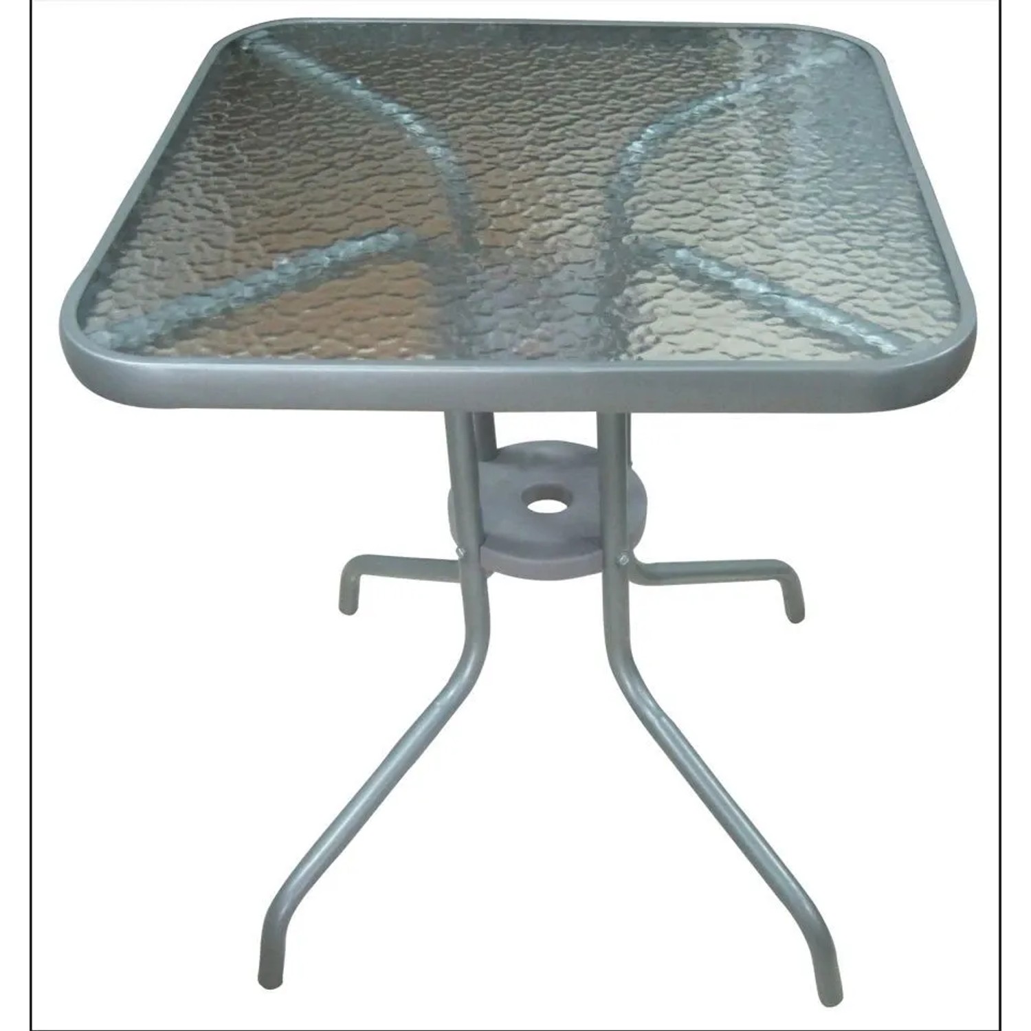Quadratischer Lex Bistrotisch 60x60 cm mit silbernem Stahlrahmen und strukturierter Glasplatte. Ideal für Balkon, Garten, Terrasse.