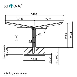 Technische Zeichnung Ximax Alu Doppelcarport Linea Typ 60, Maße und Details zur Sonderfertigung.