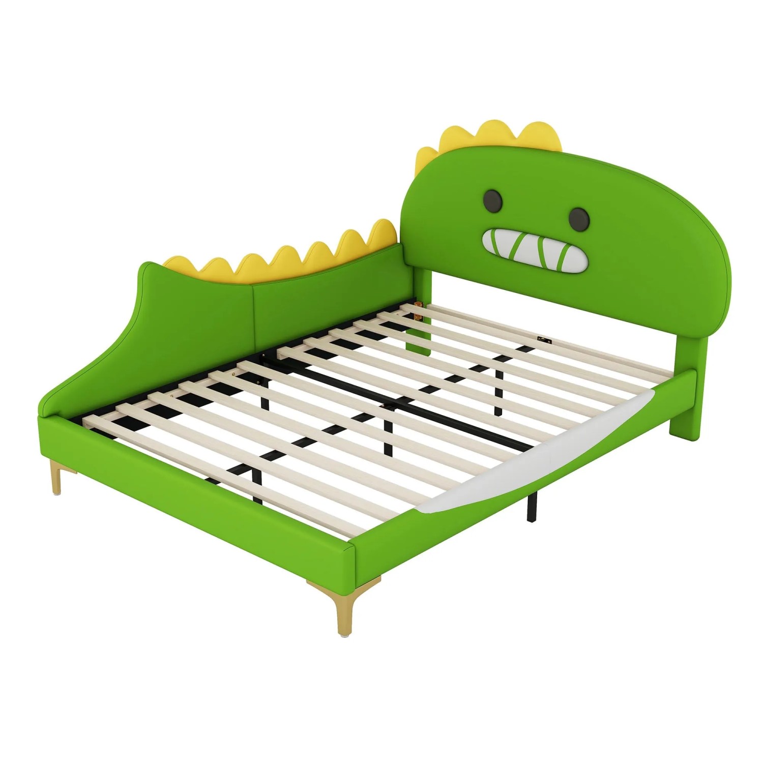 KOMHTOM Kinderbett 140x200Cm Cartoon Dinosaurier fürm Flachbett Pu+Mdf Grün Ohne Matratze