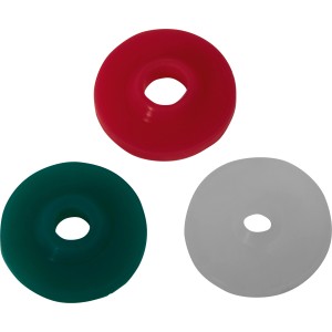 Durchfluss-Begrenzer Scheiben Set, 3-teilig für Brauseschlauch in rot, grün und weiß.