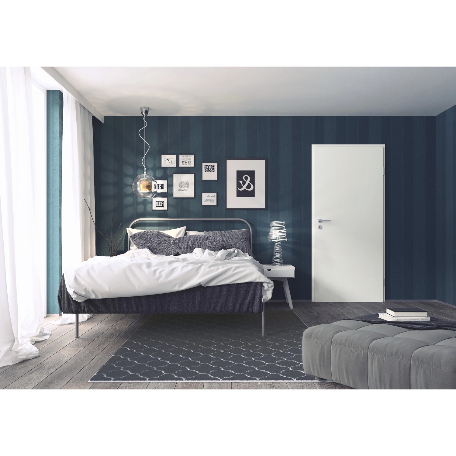 GetaDoor Zimmertür CPL Arctic Weiß in Schlafzimmer-Szene, Anschlag rechts.