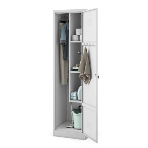 Grauer JAN NOWAK Besenschrank AGNES (185x50x50 cm) mit geöffneter Tür, gefüllt mit Haushaltsutensilien.