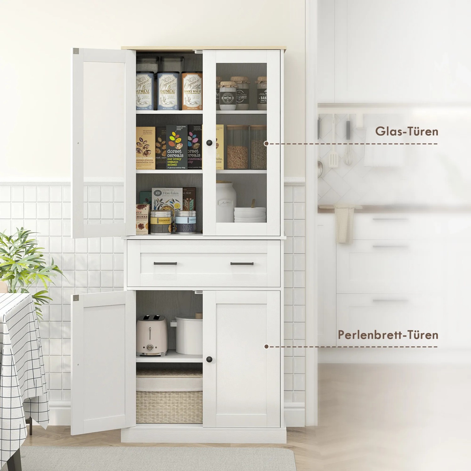 Cremeweißer HOMCOM Küchenschrank mit Glas- und Perlbrett-Türen, teilgeöffnet, zur Aufbewahrung.