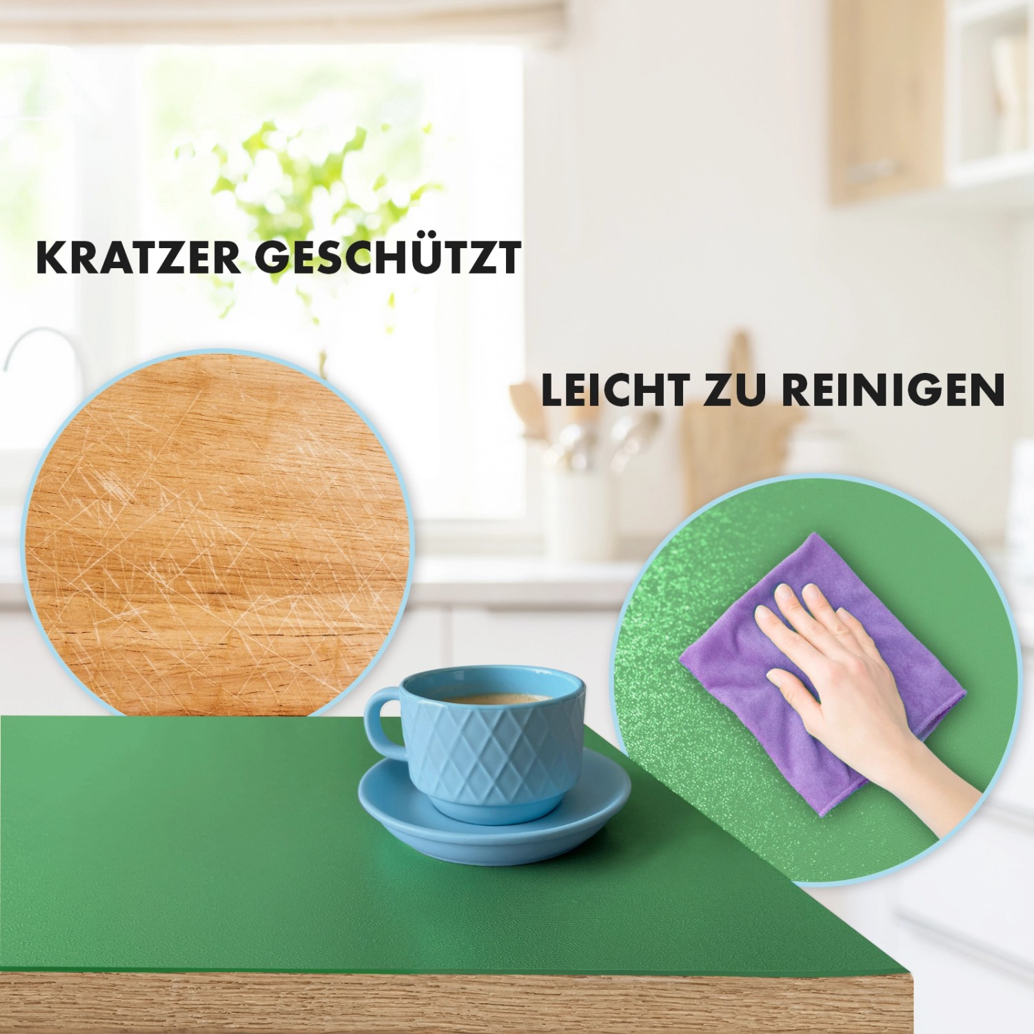 Grüne KARAT Tischfolie Empire, kratzfest und leicht zu reinigen, mit blauem Geschirr auf Holztisch.