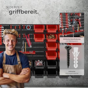 Tectake Kleinteilemagazin mit roten und schwarzen Boxen an der Wand, inklusive Montagematerial.