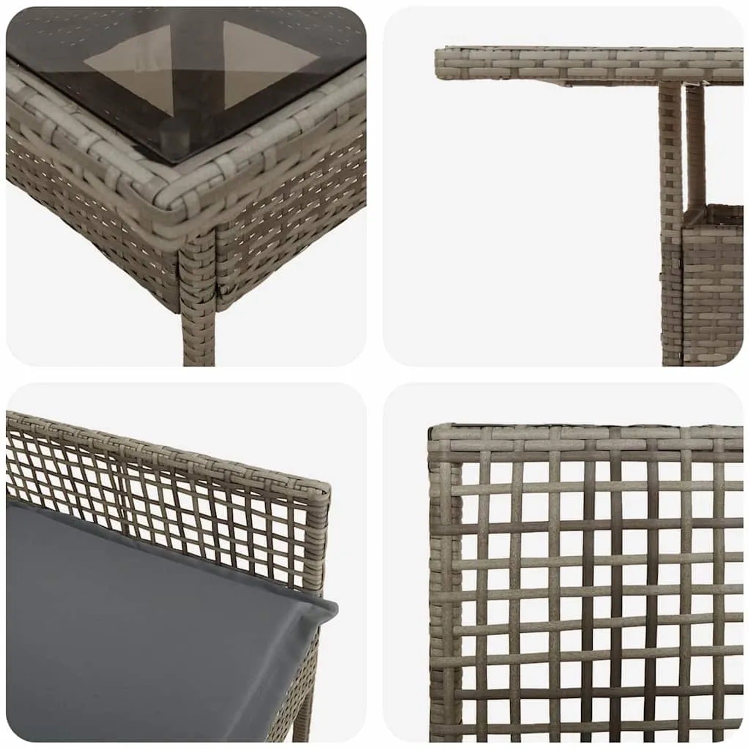 vidaXL Garten Essgruppe, 5-tlg, grau, Poly Rattan, Details von Tisch und Stühlen.