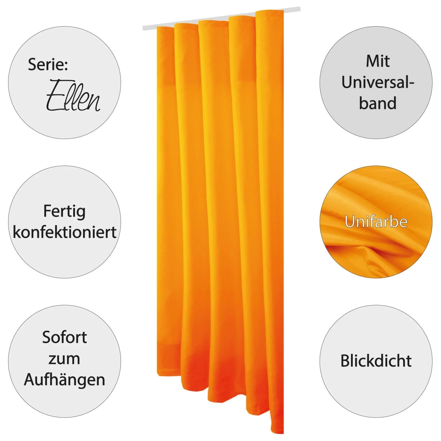 Blickdichter, helloranger Dekoschal „Ellen“ im 2er-Pack mit Universalband für Fenstervorhänge.