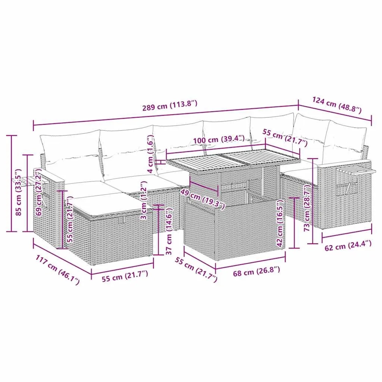 vidaXL Garten-Sofagarnitur, 5-teilig, schwarz, Poly Rattan, mit Maßen. Ideal für Terrasse und Garten.