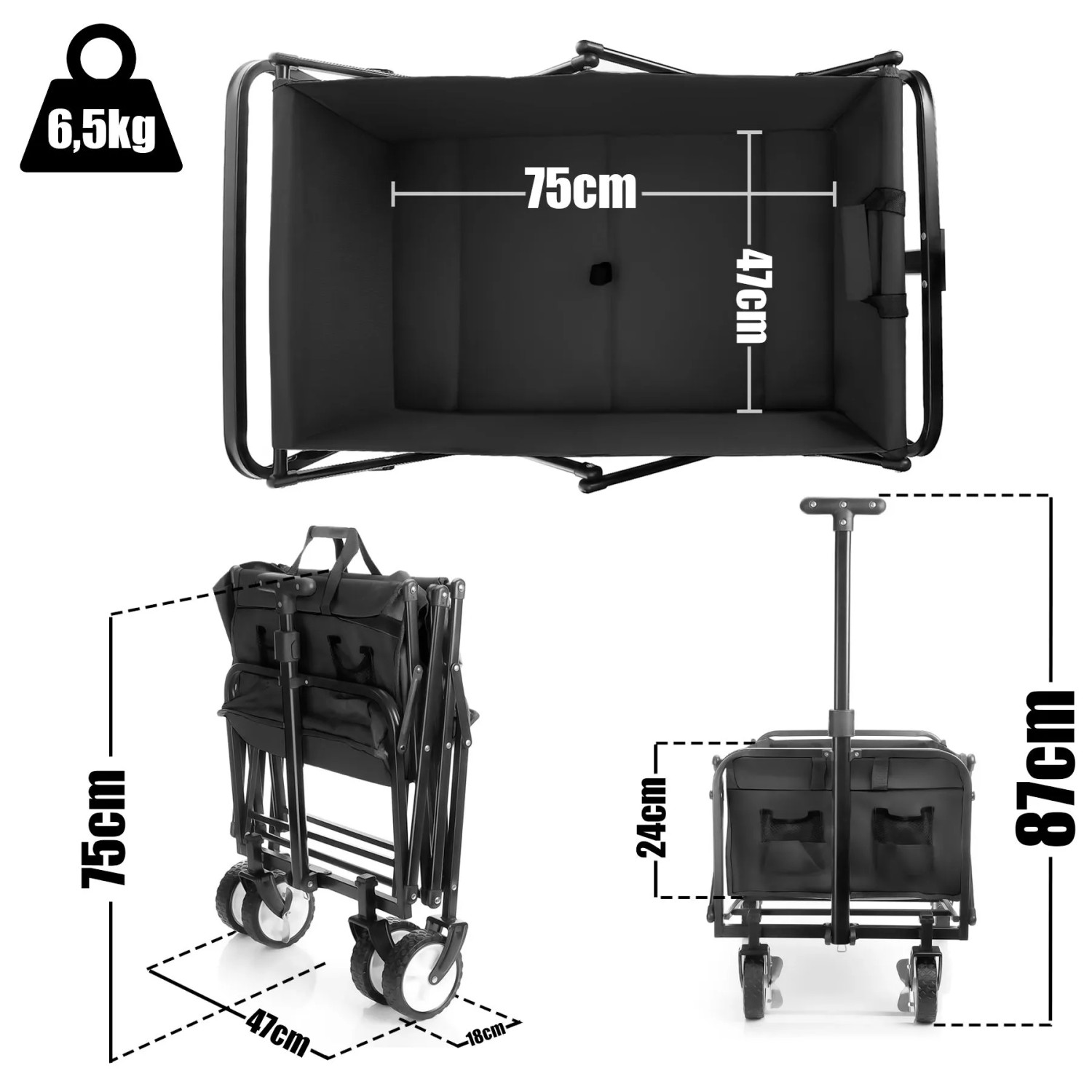 BigDean Bollerwagen, faltbar, schwarz, mit Maßangaben für Camping, Ausflüge und Einkäufe.