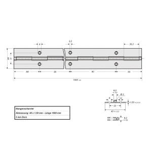 Technisches Diagramm SOTECH Stangenscharnier Aluminium 1000x40x1,5mm mit 3mm Dorn und Lochung.