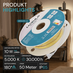 LUXULA COB LED Streifen 50m Neutralweiß auf Rolle, ideal für Weihnachtsbeleuchtung.