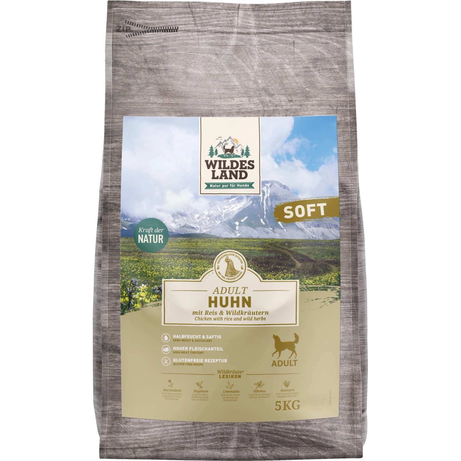 Wildes Land Hunde-Trockenfutter Soft Adult Huhn mit Reis und Wildkräutern 5 kg