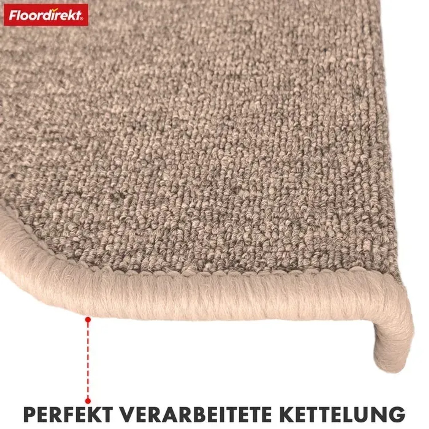 Detailaufnahme: Halbrunde, beige KARAT Stufenmatte London Pro mit geketteltem Rand.