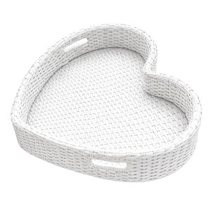 Weißes herzförmiges Schwimmtablett in Rattan-Optik mit Griffen. Ideal für Pool, Jacuzzi und als Servierplatte.