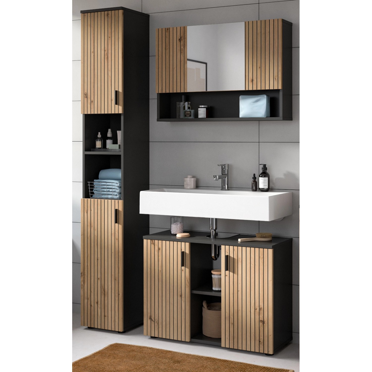 Thumbnail - Inn.Furn Badmöbel Set in Eiche und Grau 3-teilig 125 cm Livia