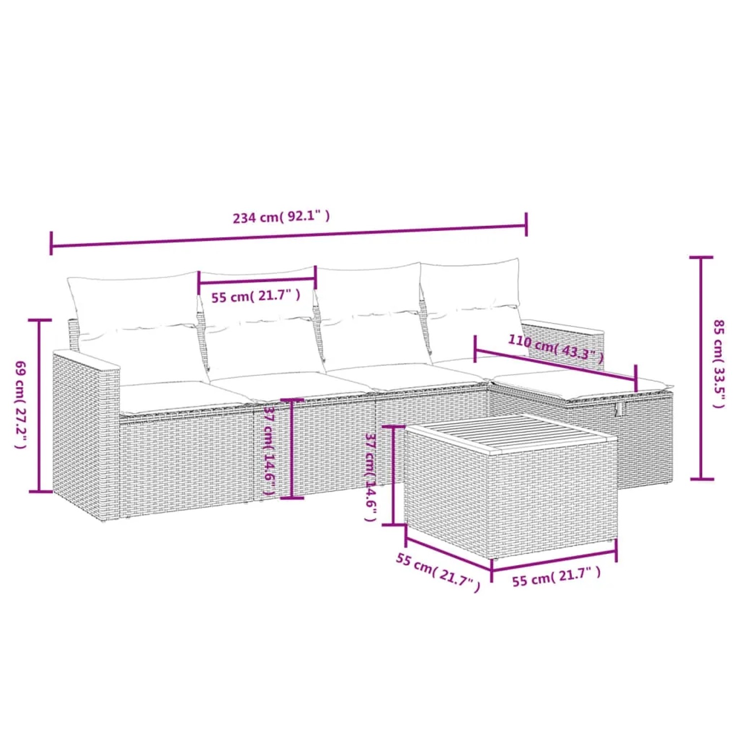 Schwarze 6-tlg. vidaXL Garten-Sofagarnitur aus Polyrattan mit Kissen und Tisch.