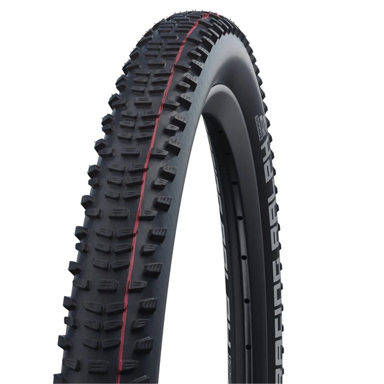 Schwalbe RacingRalph Fahrradreifen, schwarz, mit rotem Streifen und aggressivem XC-Profil für Mountainbikes.