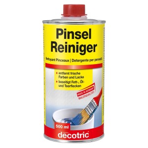 Decotric Pinselreiniger 500 ml Dose, gelb mit rotem Deckel. Entfernt Farben, Lacke, Fett, Öl, Teer von Pinseln.