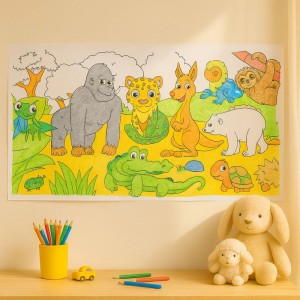 Relaxdays Ausmaltischdecke mit Tiermotiven, 2er Set zum kreativen Ausmalen für Kinder.