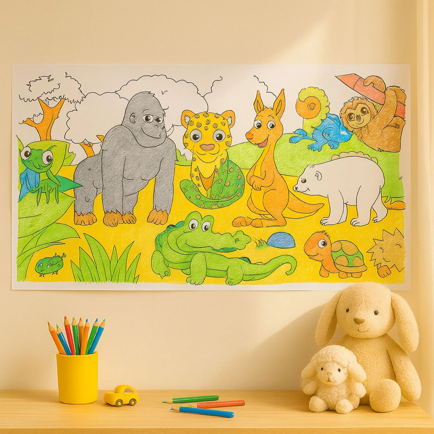 Relaxdays Ausmaltischdecke mit Tiermotiven, 2er Set zum kreativen Ausmalen für Kinder.