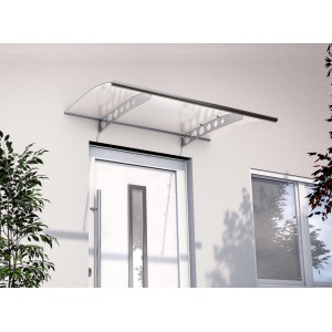 Modernes Gutta Pultvordach PT/ET in Edelstahloptik über einer Haustür.