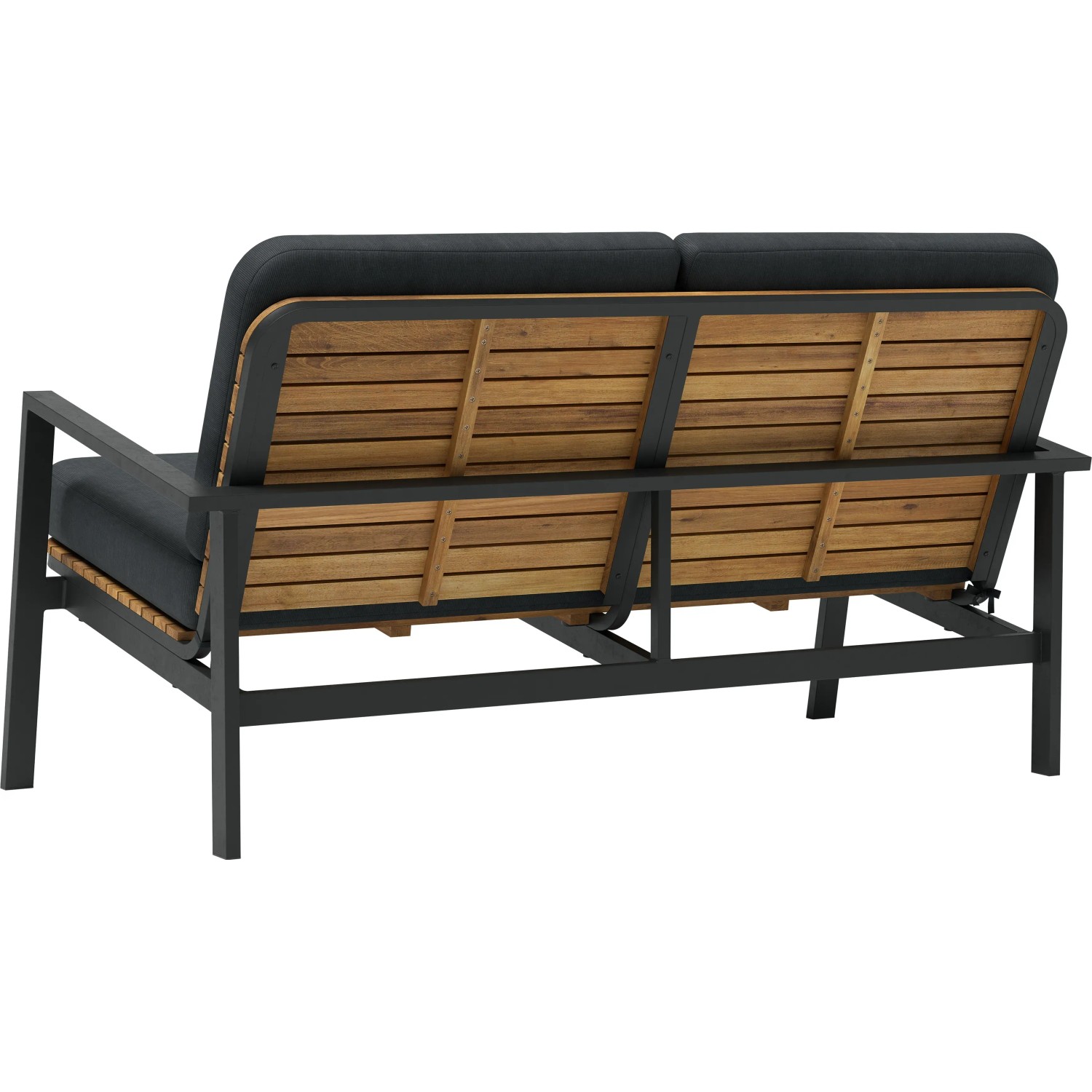 Lounge-Set Olary, 2-Sitzer Sofa aus Akazienholz und schwarzem Aluminiumgestell.