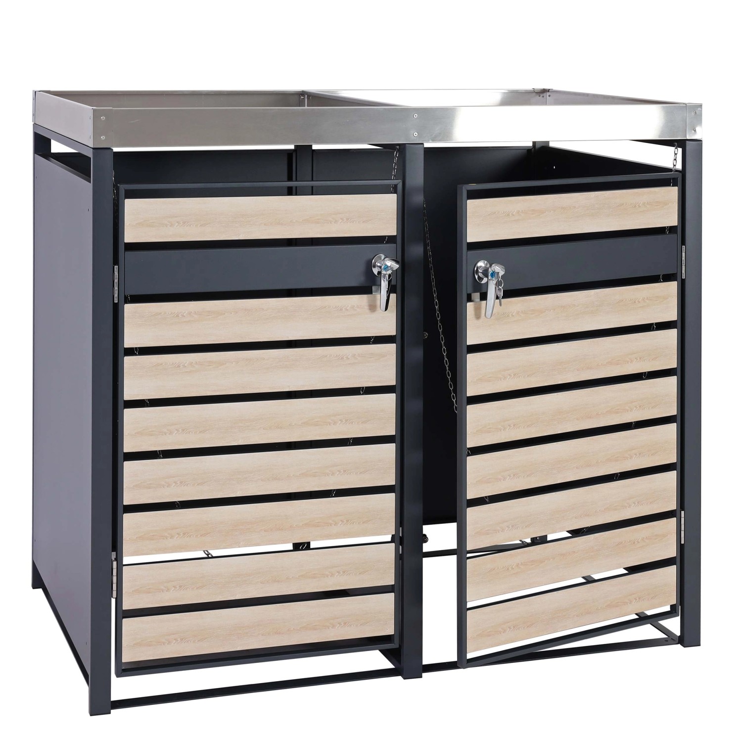 MCW Mülltonnenbox J81 für 2 Tonnen in Buche-Holzoptik, abschließbar und mit Kippvorrichtung.