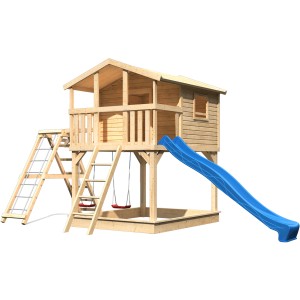 Karibu Stelzenhaus Benjamin mit Doppelschaukel, Klettergerüst und blauer Rutsche aus Holz.