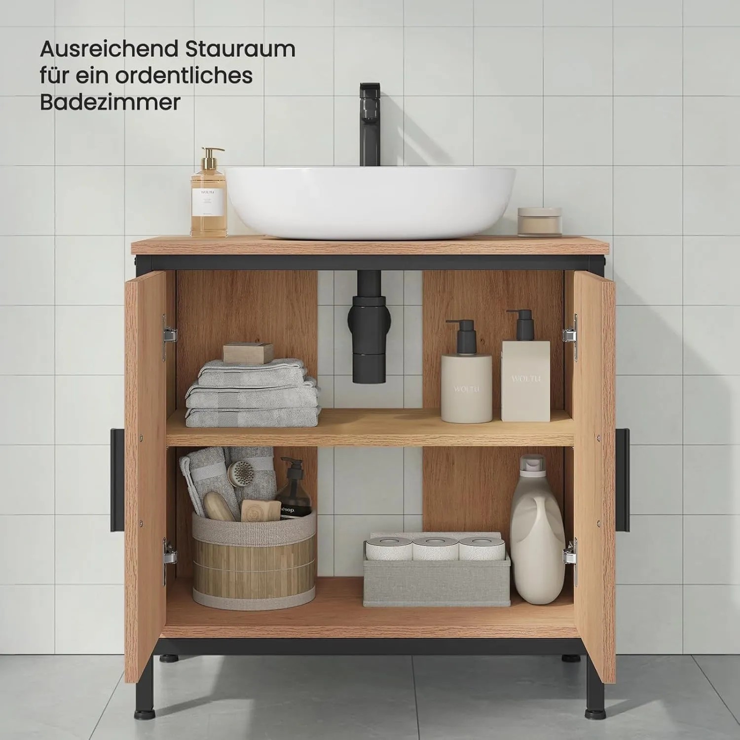 EUGAD Waschbeckenunterschrank 60x60x30 cm in Holzoptik mit schwarzen Metallbeinen, offene Türen zeigen Trennwand und Stauraum.
