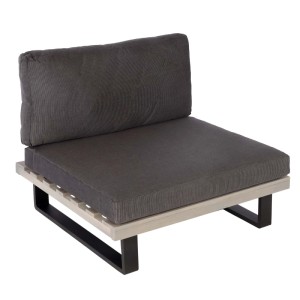 MCW Lounge-Sessel H54 mit dunkelgrauen Spun Poly Polstern und hellem Akazienholzgestell, schwarzen Metallfüßen. Ideal für Garten.