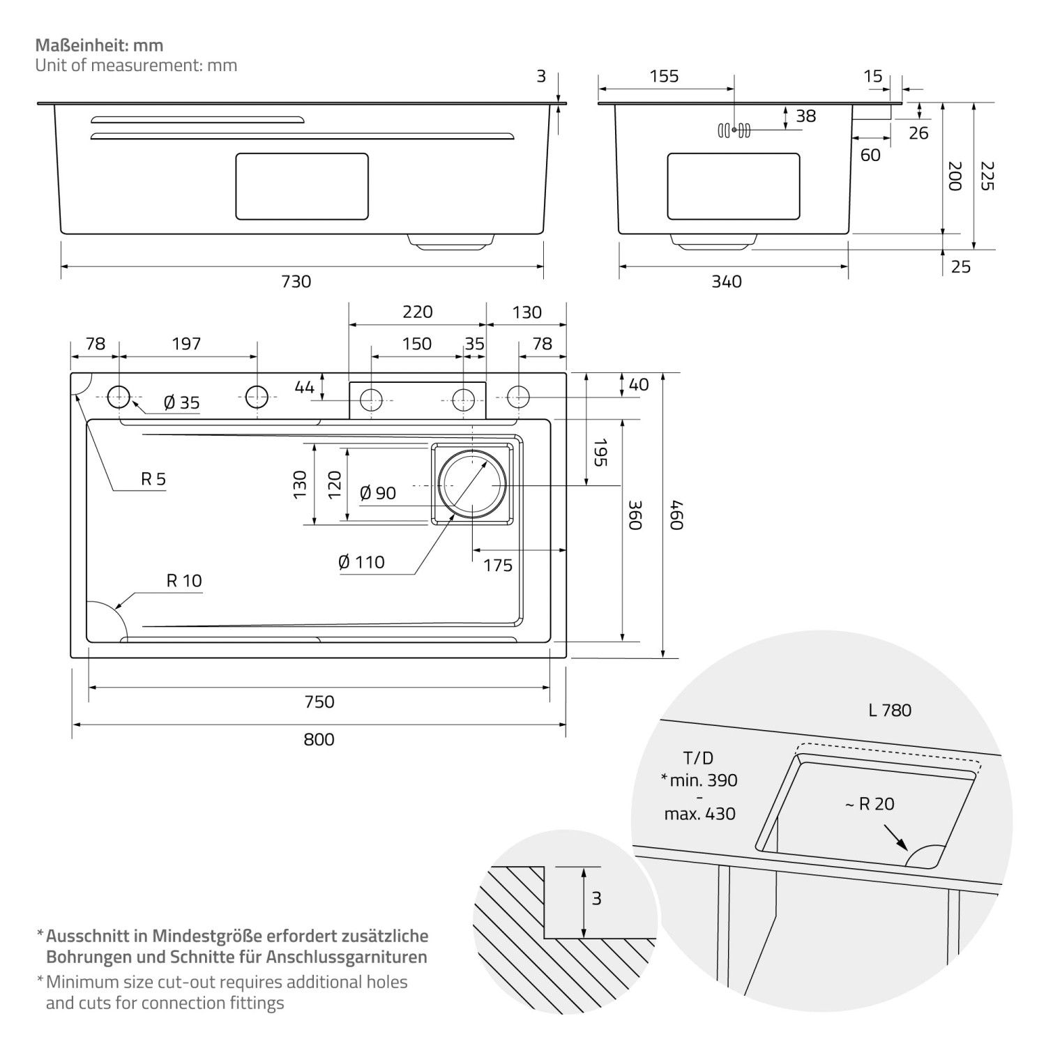 Technische Zeichnung: ML-Design Spülbecken Edelstahl, 80x46 cm, Anthrazit, Maße und Details.
