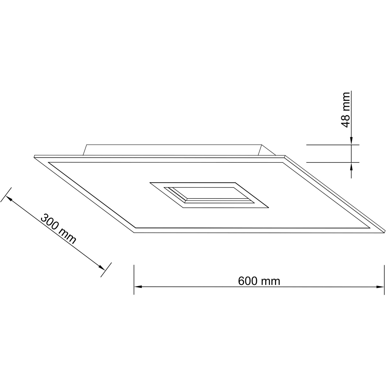 Skizze der weißen LED-Deckenleuchte Movida, 60x30 cm, mit Maßangaben.
