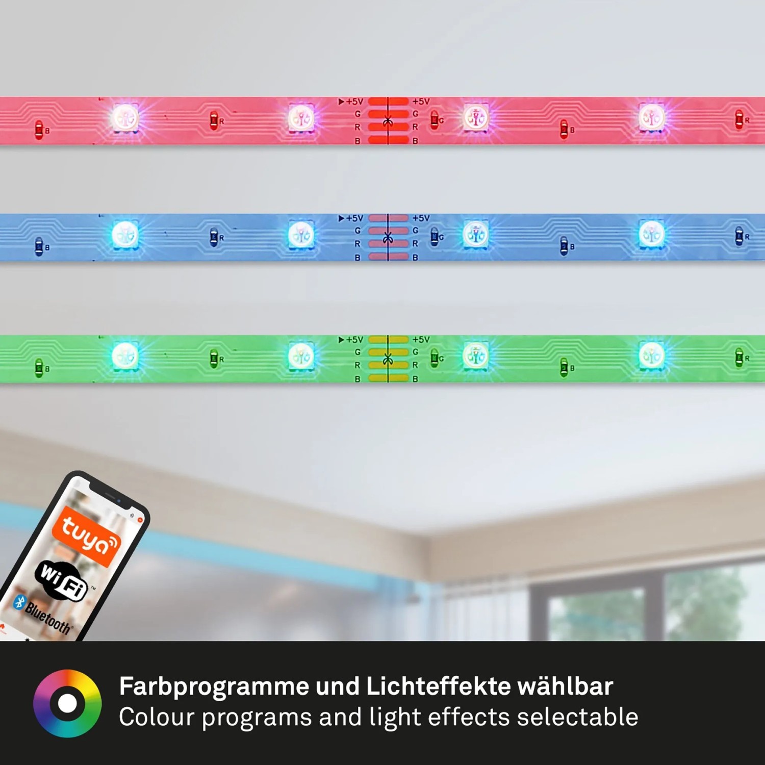Brilo Wifi-LED-Strip RGB, 5m, mit App steuerbar, verschiedene Farben.