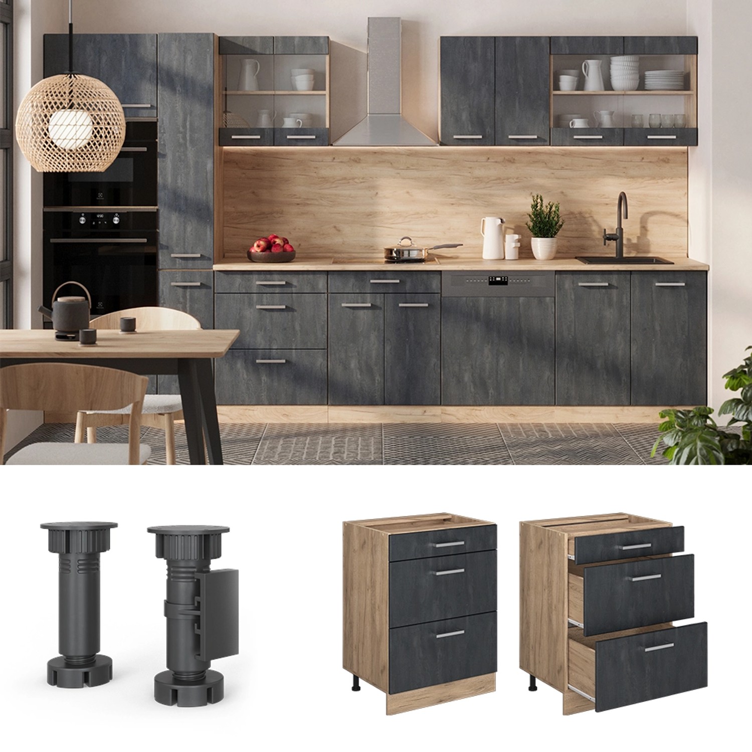 Vicco Küchenunterschrank R-Line, Schubladen, Schwarz Beton/Goldkraft Eiche, 60cm. Küchenschrank mit Schubladen.